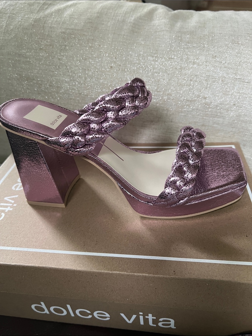 Dolce Vita Ashby Platform Heeled Sandals in Braided Crackled Lilac Sz 8